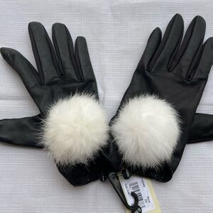 Fownes Brothers brand new black fine leather gloves, decor real rabbit hair, S/P